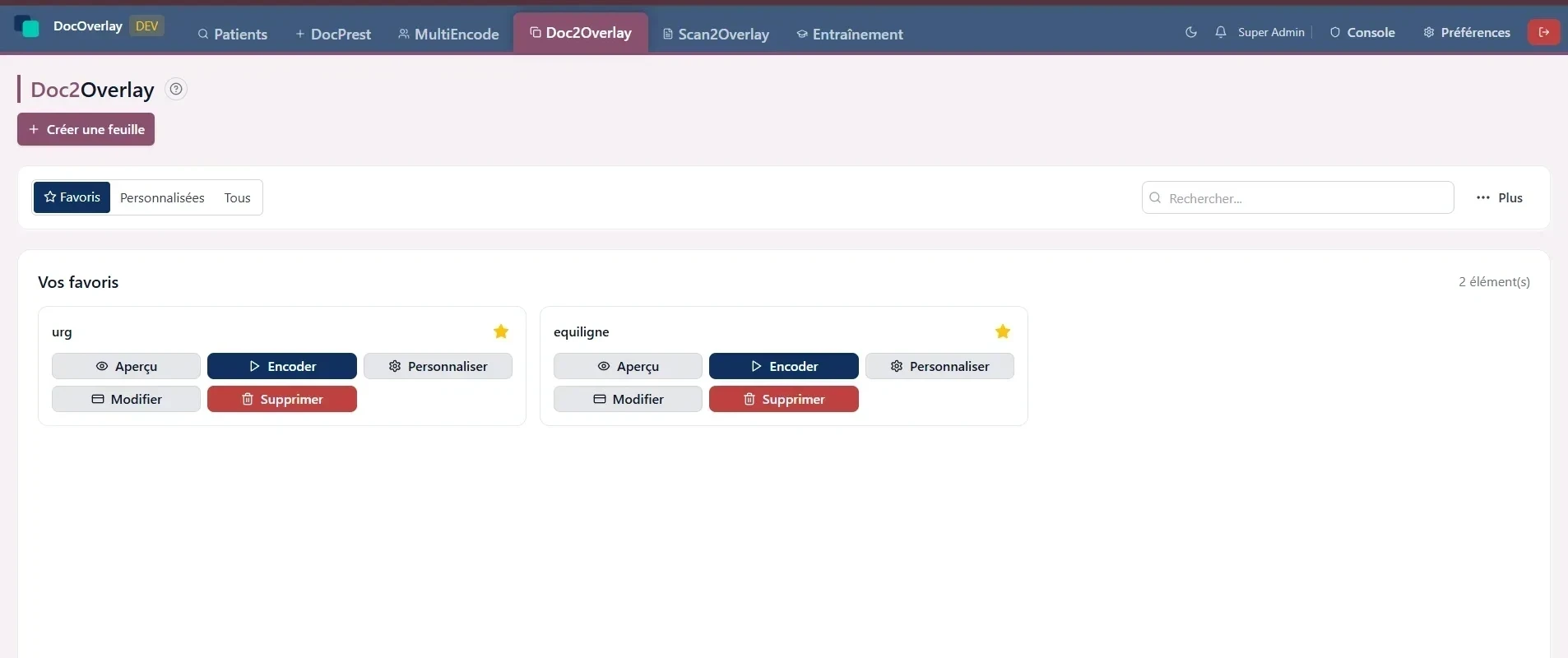 DocOverlay, interface Doc2Overlay avec feuilles favoris