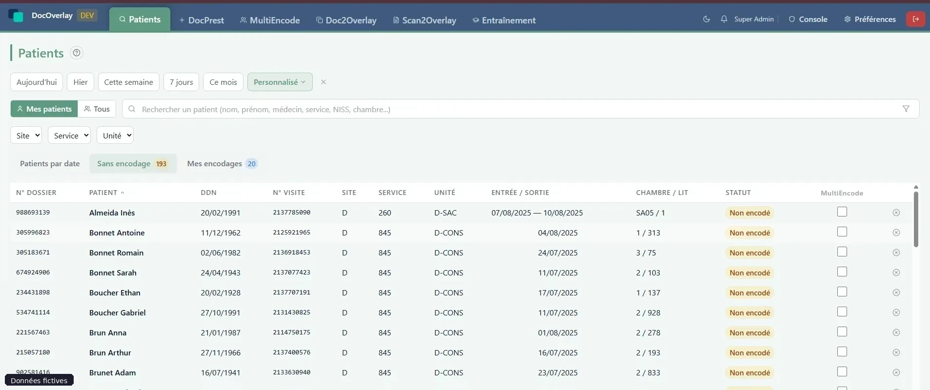 DocOverlay, liste des patients avec filtres