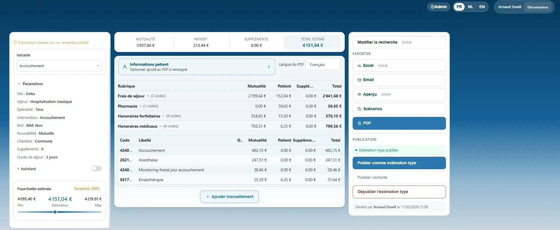 EstiMate, interface d'estimation des coûts hospitaliers avec fourchette de prix et export PDF