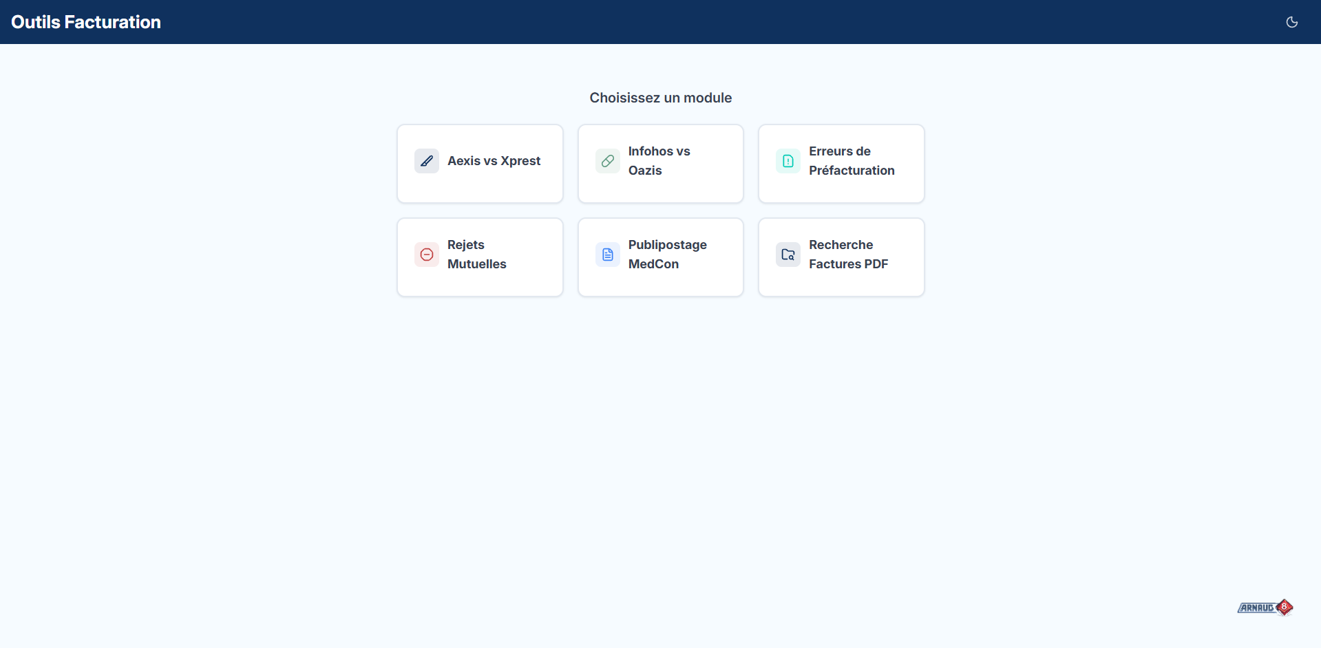 Outils Facturation, dashboard avec les 6 modules