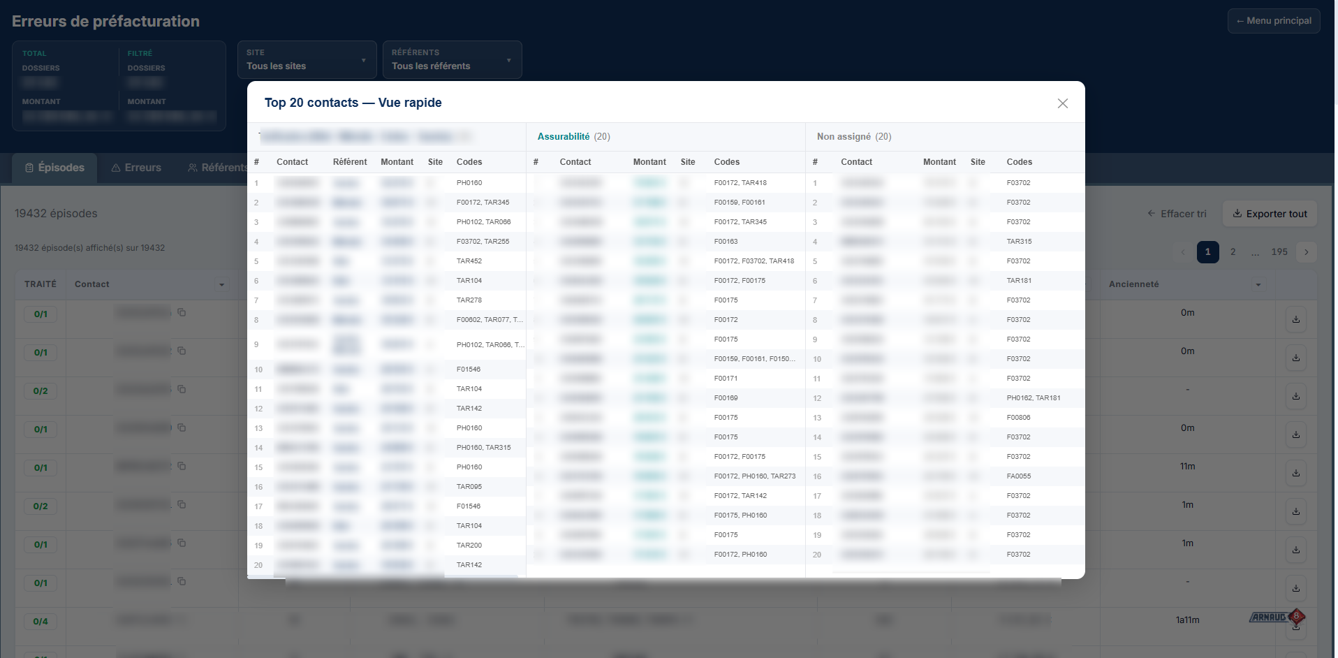 Outils Facturation, module Erreurs de préfacturation
