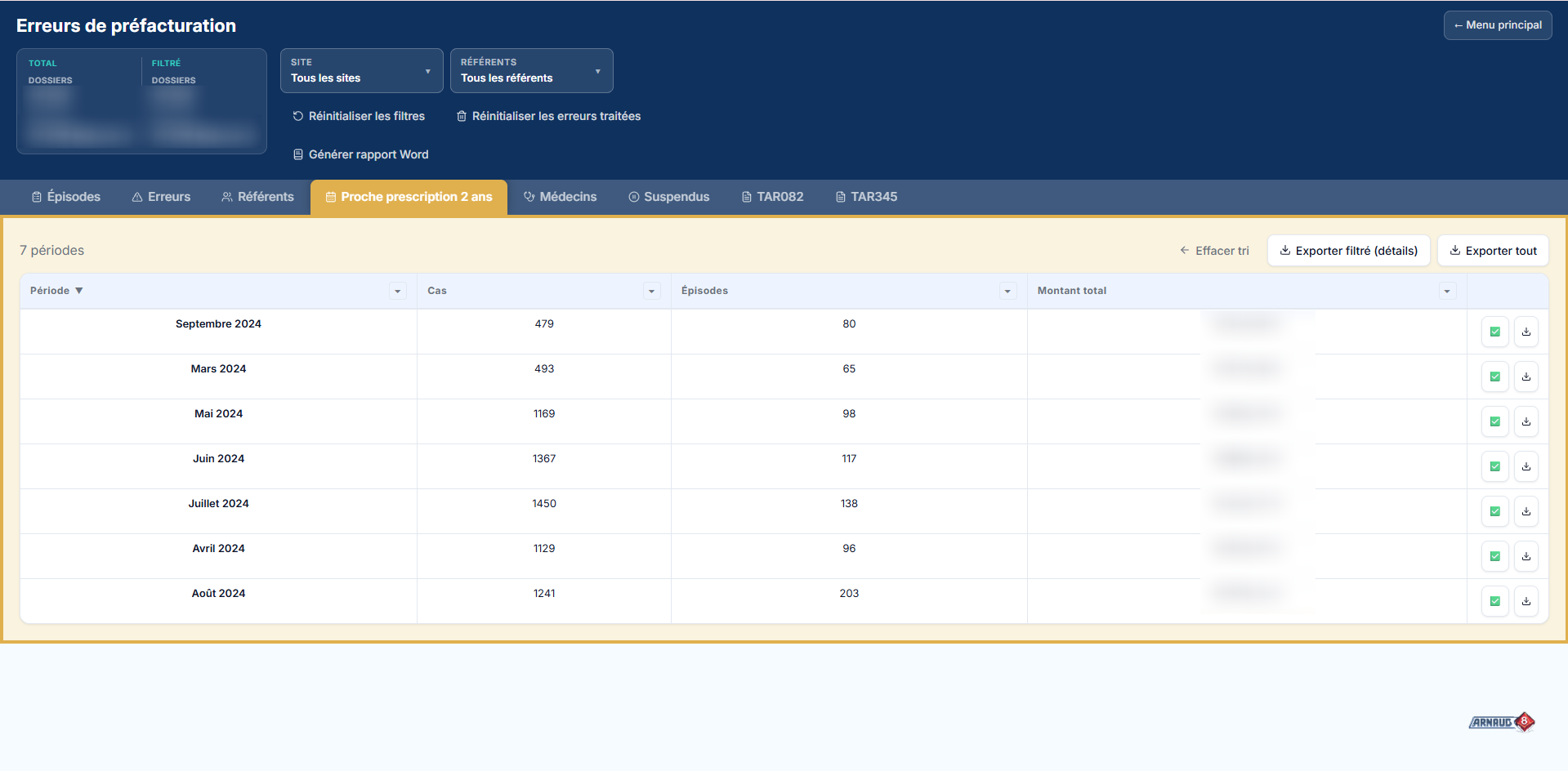 Outils Facturation, vue périodes préfacturation